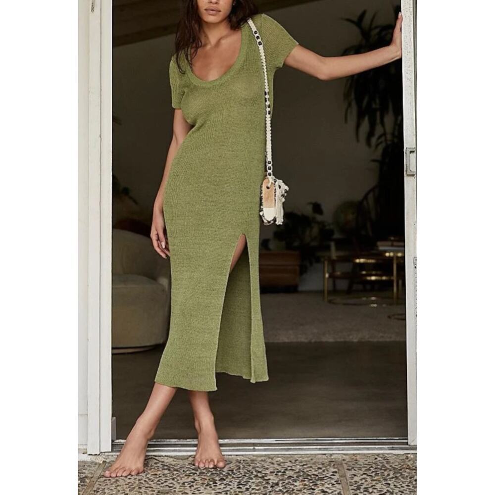 Free People Beach One Love Knit Midi Dress Olive Green Slit Medium